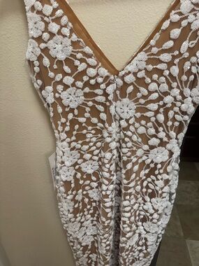 NADINE MERABI Mustard Mesh Dress with White Lace Appliqué